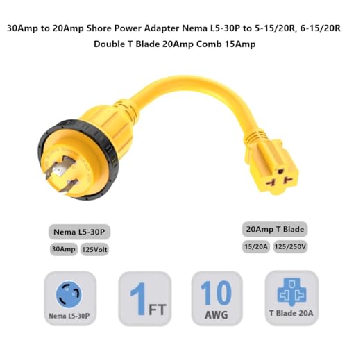 Marine Shore Power Adapter 30A to 20A NEMA L5-30P to 5-15/20R, 6-15/20R, 6-20R, 5-15R