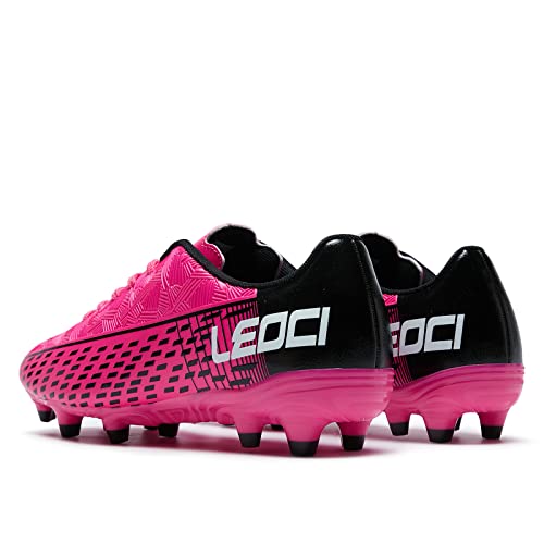 LEOCI Men’s & Women’s Soccer Cleats for Firm Ground Rose Red/Black – 6 Women / 4.5 Men