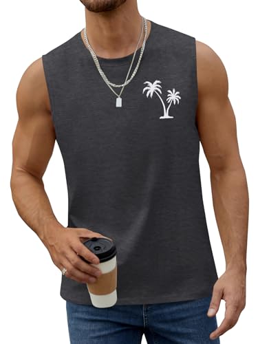 Men's Tropical Hawaiian Palm Tree Print Tank Top - Dark Grey, Medium