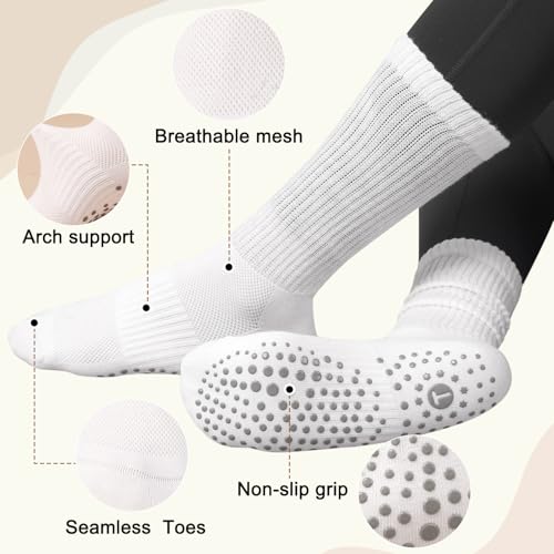 Horuru Women's Non Slip Pilates Slouch Crew Socks - 2 Pairs White