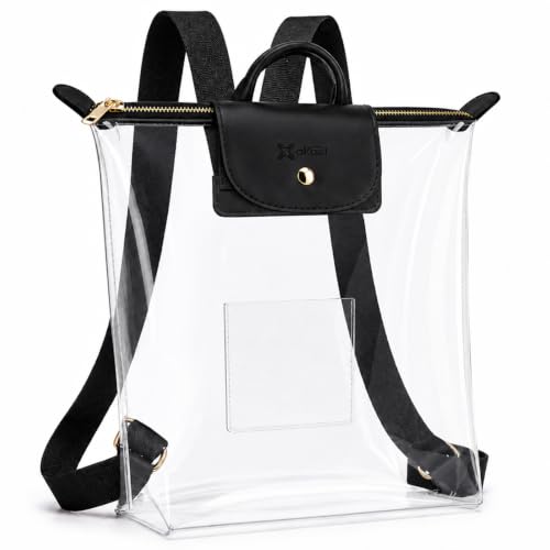 AKAIXI Clear Backpack with Leather Front Flap, Stadium Approved – Black
