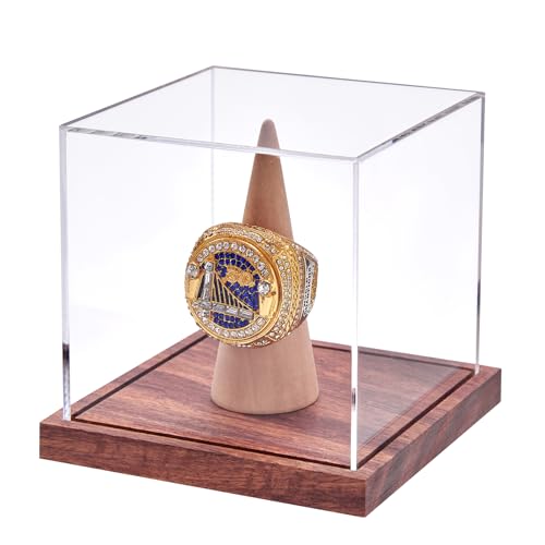 LiTY Acrylic Championship Ring Display Case - No Assembly, Wooden Stand, UV Protection, 1 Pack