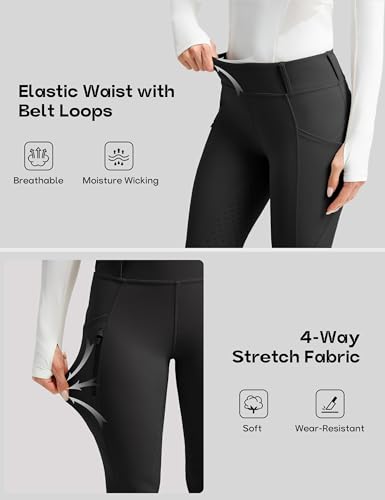 High Waist Horse Riding Pants - Full Seat Breeches with Pockets - Black, Medium