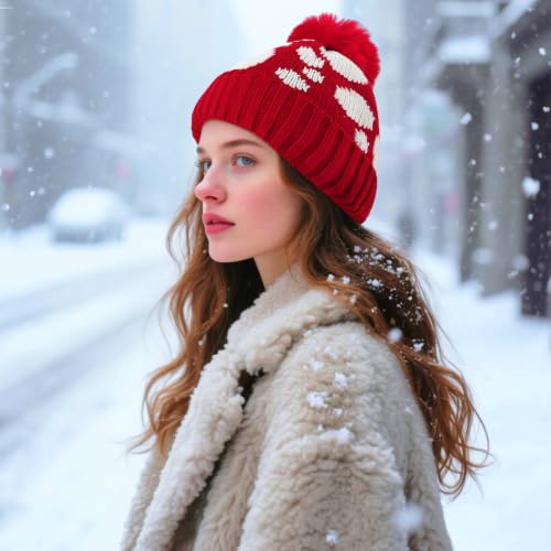 Women's Fleece Lined Winter Beanie Hat with Earflaps and Pom - Red Dots
