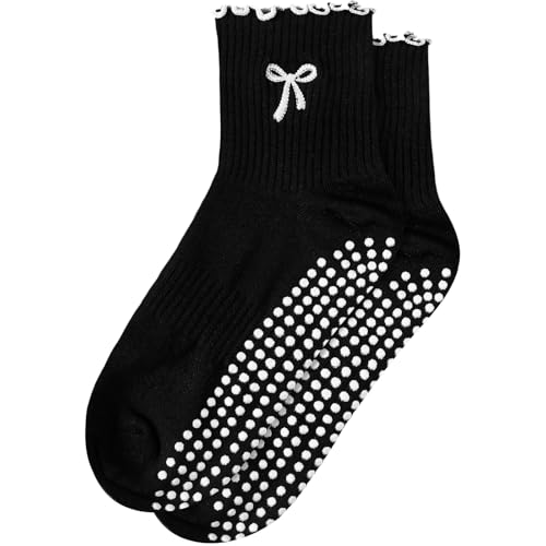 Non-Slip Grip Socks for Women - Pilates & Yoga - Bow / Black