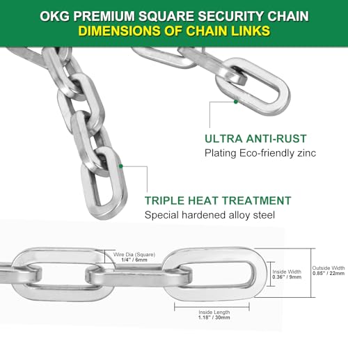 OKG Security Chain - 2ft x 1/4" Thick Outdoor Gate Chain, Cut Proof Chain Made of Hardened Alloy Steel Chain for Fences, Bicycles, Scooters, Pet Cages, Barn Door (Silver, No Lock)