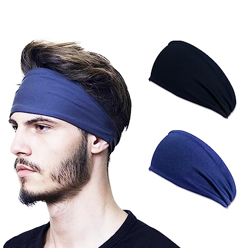 Moisture Wicking Sports Headband Set - 2 Pack Black and Blue