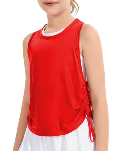 Girls Athletic Tank Top - Drawstring Ruched Side, Racerback, Red, 7-8 Years