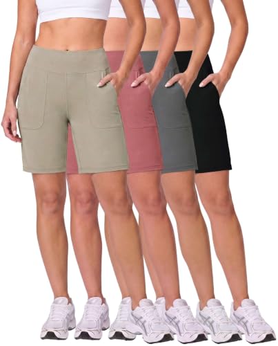 Women's 9-inch Bermuda Shorts Set - 4 Pack Athletic Yoga Running Workout Pockets, Large