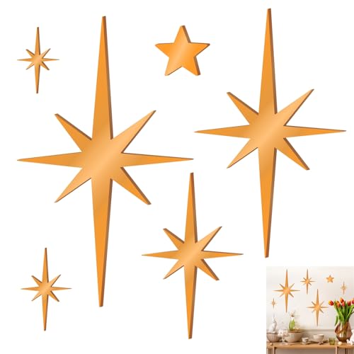 6Pcs Metallic Gold Star Wall Art Decor Mid Century Wall Decor Christmas Star Metal Walls Art Iron Starburst Walls Hanging Vintage Sculptures Decor Modern Arts for Bedroom Living Room Home Accent