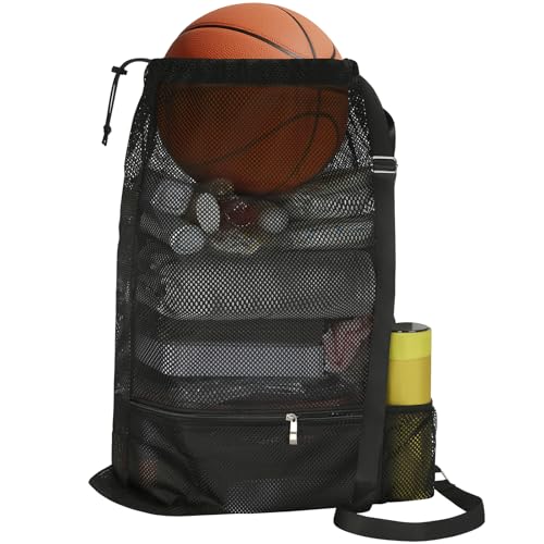Large Mesh Swim Beach Bag - Drawstring Gym Bag - Black