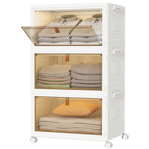 Closet Organizers and Storage 93Qt 3 Pack Closet Organizer Boxes for Clothes Stackable Storage Bins Foldable Storage Box for Clothes/Office Supplies/Snacks(31Qt X 3)