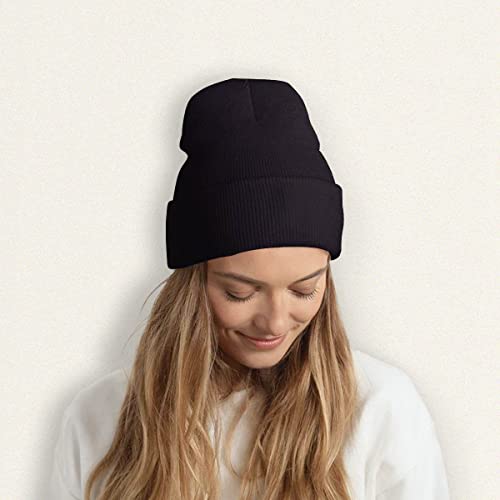 Custom Knit Beanie Hat - Personalized Cuffed Cap with Text - Pure Black