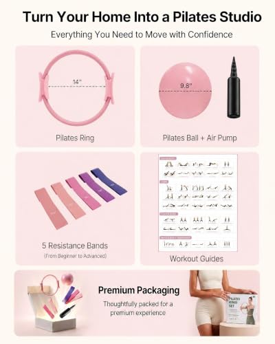 Pilates Ring Set - 14" Magic Circle, 9.8" Ball, 5 Resistance Bands - Pink