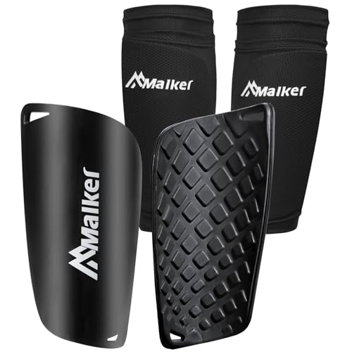 Malker Kids Youth & Adult Black Large Soccer Shin Guards with Sleeves - Lightweight & Protective