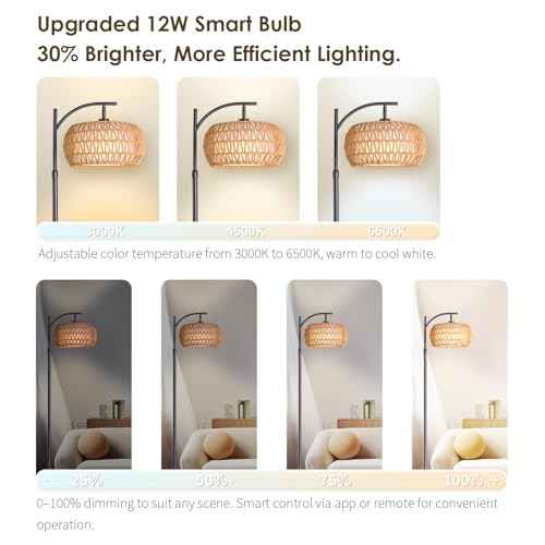 DRAWNCAT Boho Rattan Floor Lamp with Shade - 12W Bright LED Bulb, Adjustable Height 48-60 Inch, Remote Control 3 Color Temperatures,Farmhouse Handwoven Arc Standing Light for Living Room Bedroom