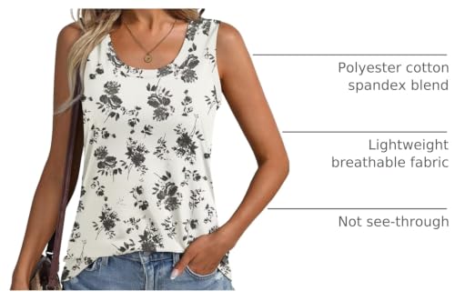 Floral Print Sleeveless Tank Top - Scoop Neck, Loose Fit, Ink Flower Apricot - Medium