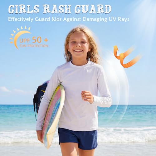 Girls Long Sleeve Rash Guard Swim Shirt - White, 10-12 Years, UPF 50+