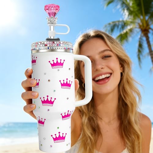 Crown Diamond Straw Topper Set - Bling Tumbler Covers for Stanley Cups - New Pink Peony