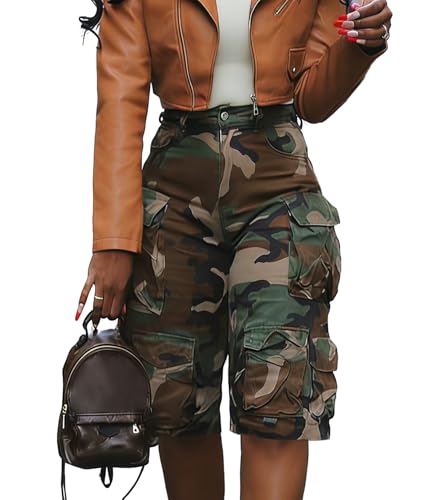 Tbahhir Women's Camo Cargo Denim Shorts High Waist Bermuda Knee Length - Army Green Medium