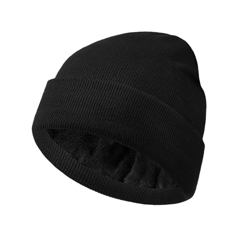 Fleece Lined Beanie for Men & Women - Warm Black One Size