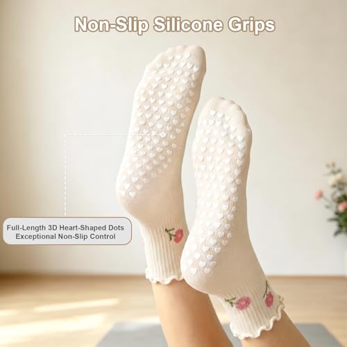 Non-Slip Pilates Grip Socks for Women - 2 Pack Beige Flower & Red Flower