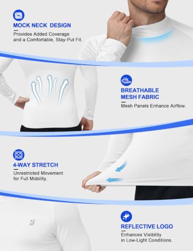 Roadbox Men's Mock Turtleneck Compression Shirt - Long Sleeve Base Layer, Medium, White