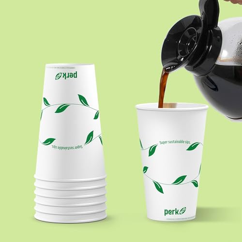 Perk 16oz Compostable Paper Hot Cups - 300 Pack, White/Green Disposable Coffee Cups
