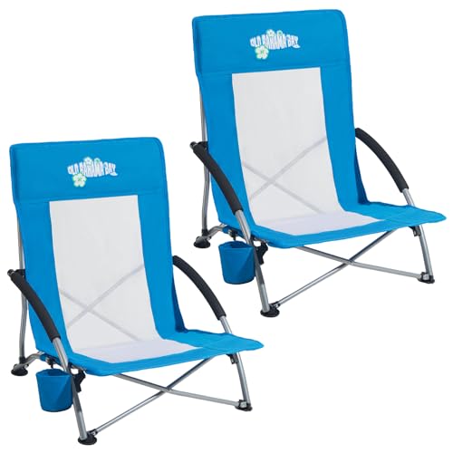 Old Bahama Bay Blue Folding Beach Chair 2 Pack - Low Profile Outdoor Camping & Sand Lounge Chairs with Cup Holder & Mesh Back, Supports 350lbs