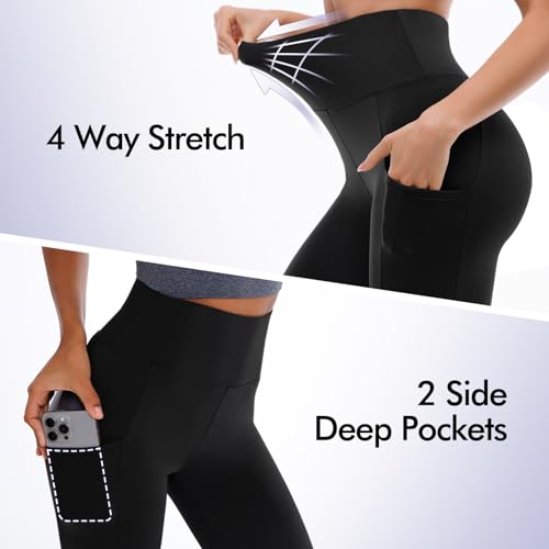 High Waisted Leggings for Women - Full Length 2 Pockets - Black - Large/X-Large