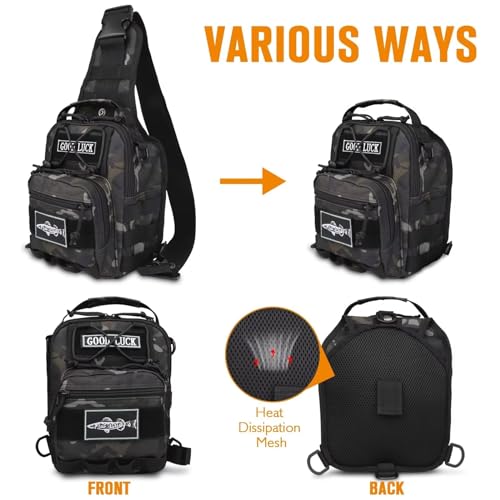 Dovesun Small Fly Fishing Backpack Sling Pack - Black Patterned, 17.7 x 8.5 x 5.7in (No Tackle Box)