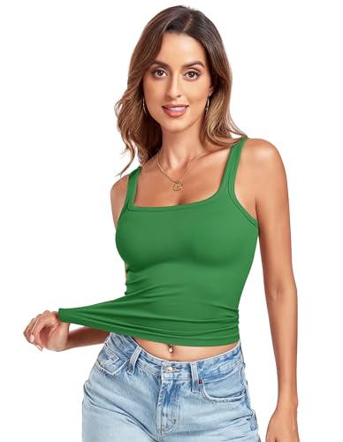 Square Neck Tank Tops - 2 Pack Seamless Ribbed Cami - Green & White - Small