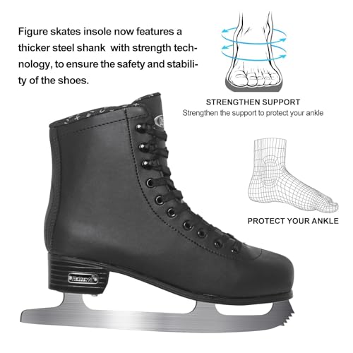 Nattork Black Women's 8 / Men's 7 Ice Figure Skates with Stainless Steel Blades