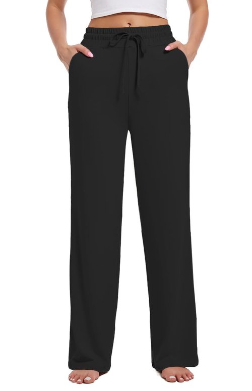 Kivdol Womens Yoga Sweatpants Wide Leg Lounge Pajamas Pants Drawstring Workout Comfy Joggers Sweatpants Pants Pockets Black