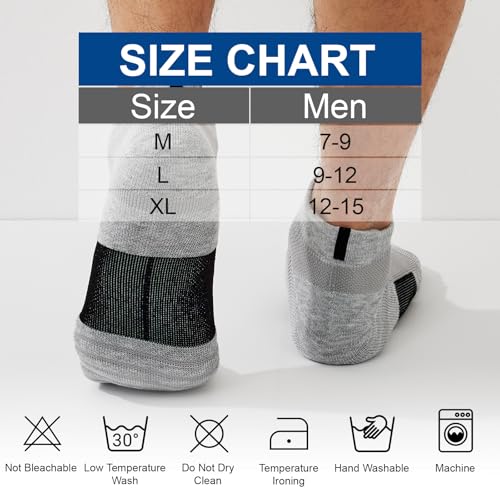 JOYZOO Men's Running Ankle Socks 9-12, White, Breathable Cushioned Low Cut Sports Tab Socks, 6 Pairs