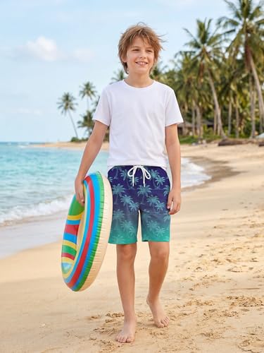 Boys Swim Trunks with Boxer Liner - A-Palm Blue, 10-12 Years