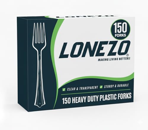 Lonezo 150 Count Clear Heavy Duty Plastic Forks - Disposable Shatter Resistant Utensils