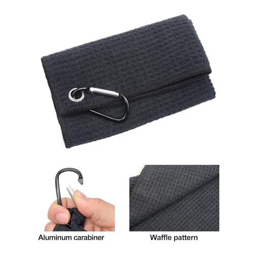 Microfiber Waffle Golf Towel with Carabiner Clip - 12-inch Black