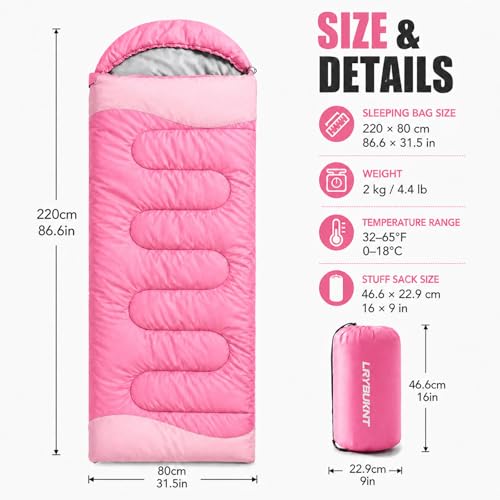 Pink Lightweight Camping Sleeping Bag 4.4lb for Adults & Kids - 32°F–65°F