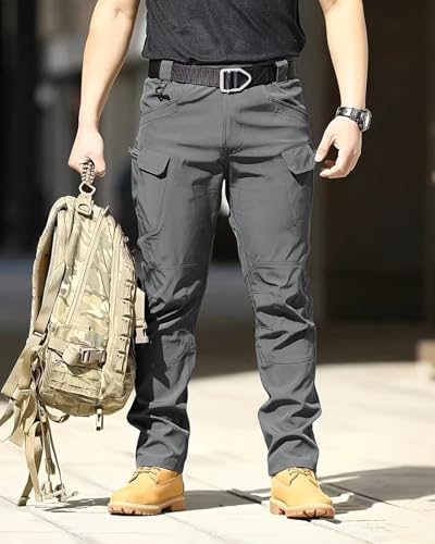 Boonlight Men's Dark Grey Lightweight Tactical Cargo Pants - Water Resistant Hiking Pants, Multiple Pockets, No Belt, Large