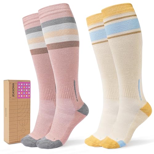 Jeasona 2 Pairs Cotton Compression Socks 15-20 mmHg Knee High Large-X-Large Gift for Pregnancy Nurses Flying Sports