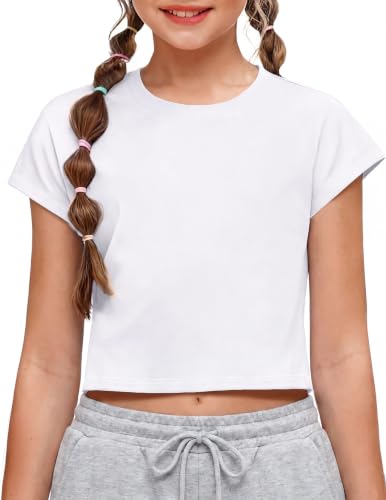 Girls White Batwing Crop Top - Athletic Short Sleeve Tee, 11-12 Years