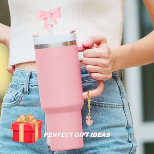 Pink Bow Straw Cover with Initial Letter Charms - 3pcs for Stanley 10mm