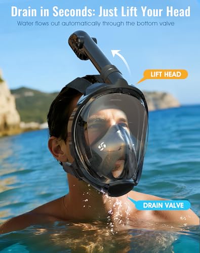 Full Face Snorkel Mask for Adults - 180° Panoramic View, Anti-Fog, Black / Large / X-Large