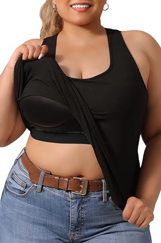 DAGGLOSA Plus Size Racerback Tank Top with Built-in Bra - Curved Hem, 3X Black