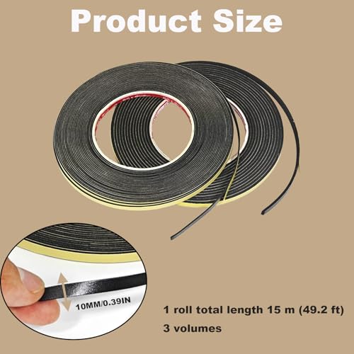 Car Speaker Sealing Tape 3 Rolls 2mm Thick x 10mm Wide x 49ft Black Soundproof Waterproof Insulating Foam Gasket Tape Ideal for Car Speaker Installati...