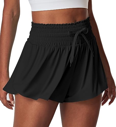 IUGA Women's High Waist Butterfly Athletic Shorts Large Black for Running & Workout
