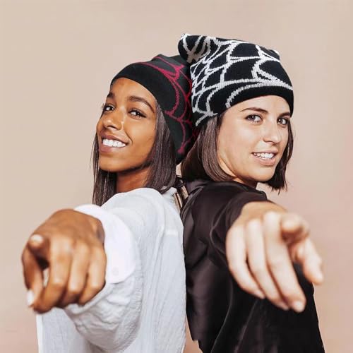 Spider Web Pattern Beanie - Black & Pink Acrylic Knit Hat