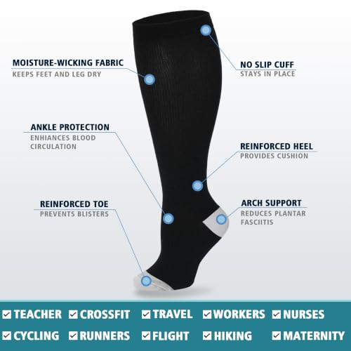 Double Couple 3/4 Pairs Wide Calf Compression Socks Men Women 20-30 mmHg XX-Large Black