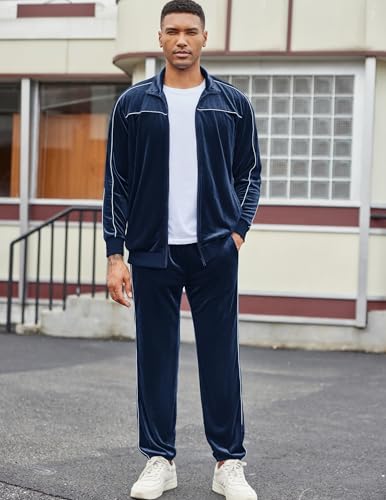 COOFANDY Men's Velour Tracksuit Set - Navy Large Zip Up Sweat Outfit